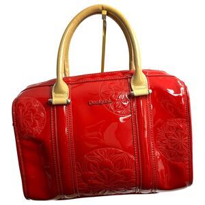 Desigual Red Patent Satchel with Cream Handles